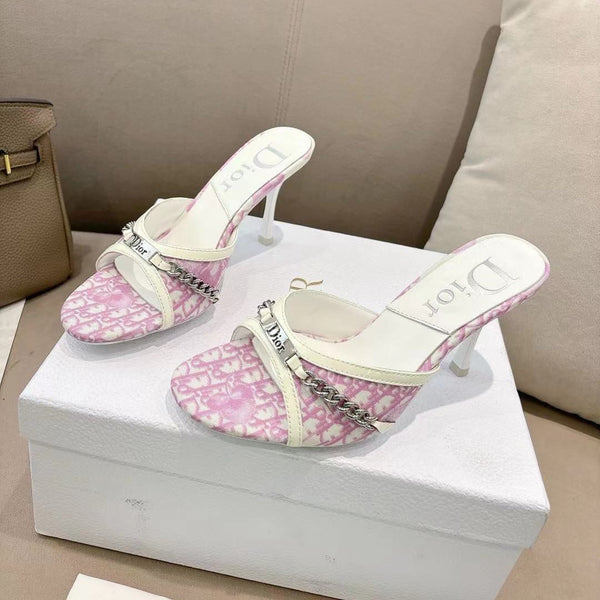 CD 26s Open Toe Mules 8.5cm Pink Oblique Canvas Chain Leather 116941