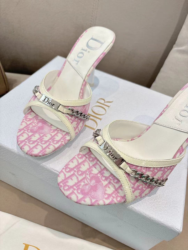 CD 26s Open Toe Mules 8.5cm Pink Oblique Canvas Chain Leather 116941