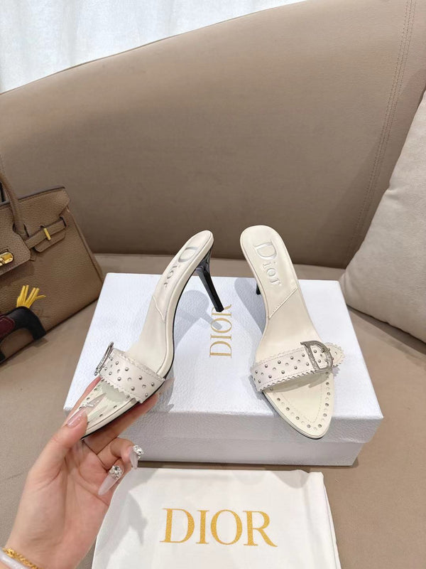 CD 26s Open Toe Mules 8.5cm Cream Studded Leather 116943