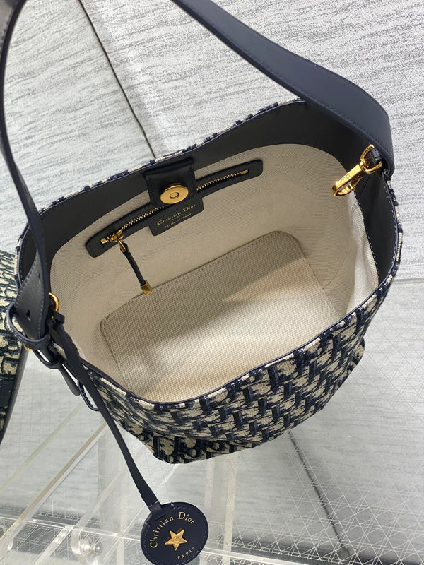 Dior 2025 Star Bucket Bag Navy Blue mix Beige Canvas Leather 270450