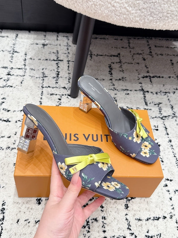 LV Cube Mules 7cm Navy Blue Silk Fabric Sheepskin 880433
