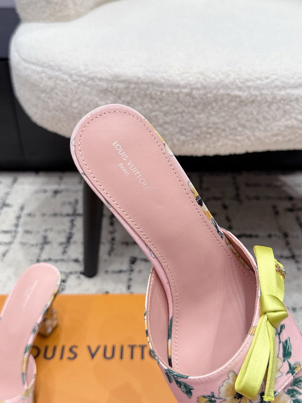 LV Cube Mules 7cm Pink Yellow Silk Fabric Sheepskin 880434