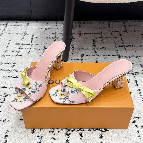 LV Cube Mules 7cm Pink Yellow Silk Fabric Sheepskin 880434