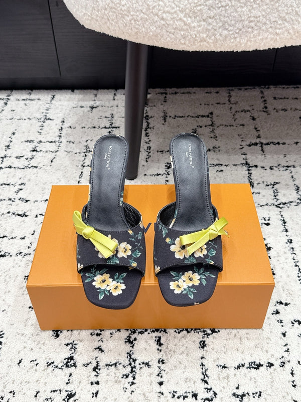 LV Cube Mules 7cm Black Yellow Silk Fabric Sheepskin 880435