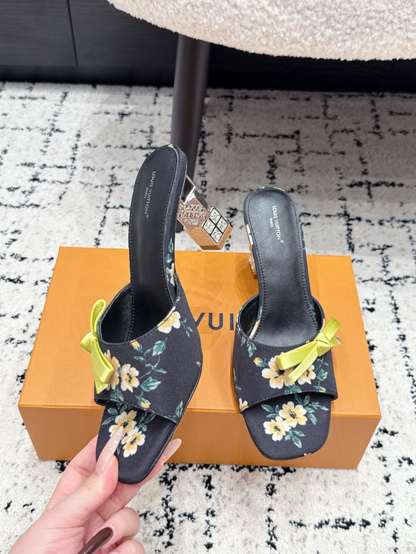 LV Cube Mules 7cm Black Yellow Silk Fabric Sheepskin 880435