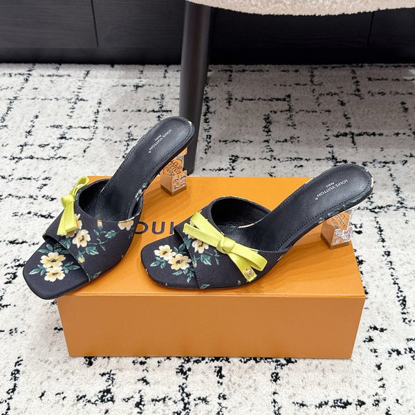 LV Cube Mules 7cm Black Yellow Silk Fabric Sheepskin 880435
