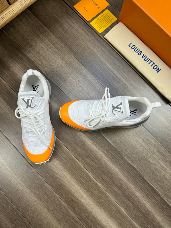 SNEAKERS IN WHITE MESH BREATHABLE FABRIC AND BLUE MIX ORANGE CALFSKIN
