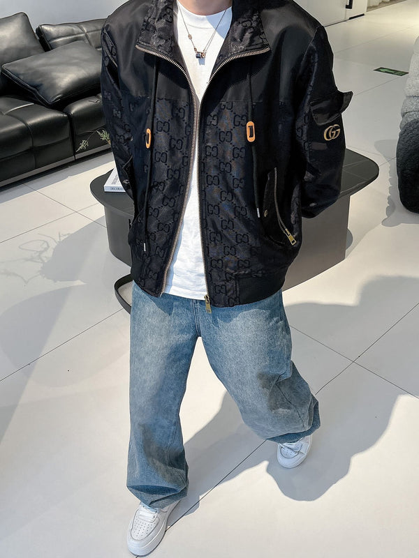 Gucci Men’s Bomber Jacket Black Monogram Pattern Nylon Fabric