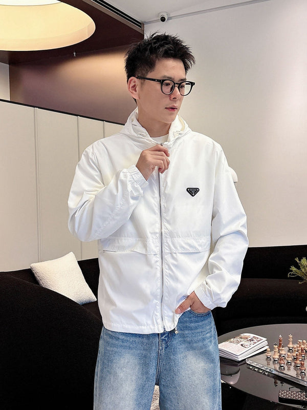 Prada Men’s Logo-Plaque Hooded Windbreaker White Nylon