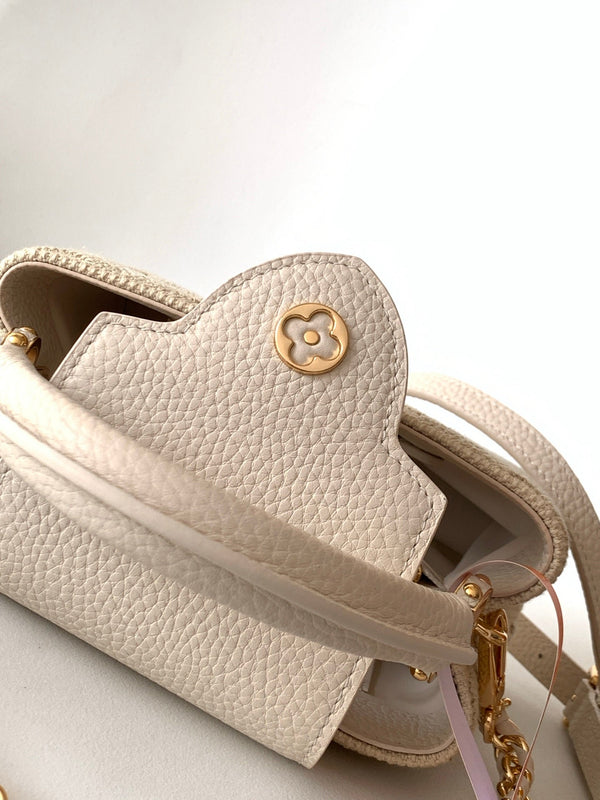 LV Capucine Mini Bag 21cm Vanilla Cotton Canvas Embroidered Pattern GHW