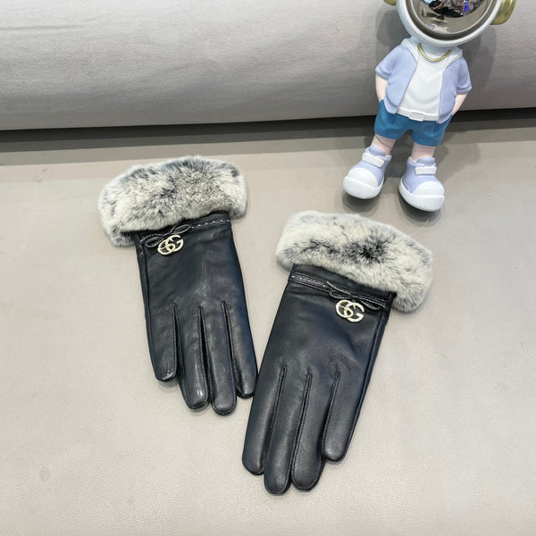FUR-TRIMMED LAMBSKIN GLOVES BLACK WITH BOW 456265