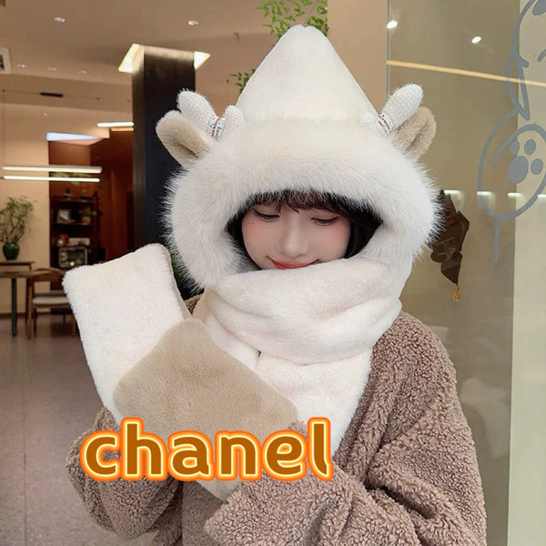 CC Hooded Scarf Gloves Light Beige Fur 477459