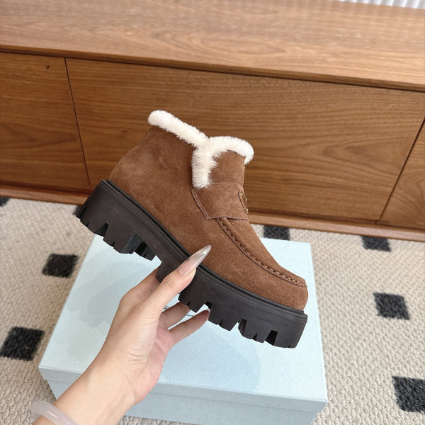 Prada Shearling Ankle Boots Brown Suede Fur 118344
