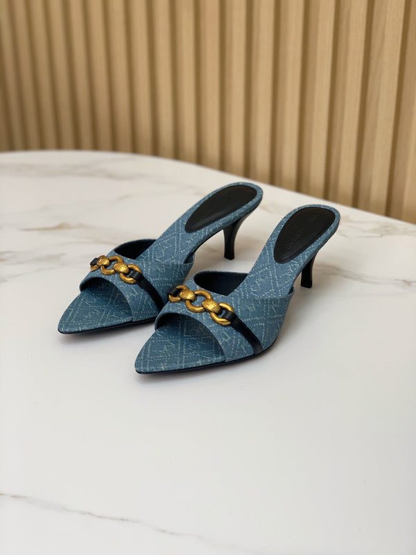 SL CHAIN ATTACH HEELED MULES CERULEAN DENIM