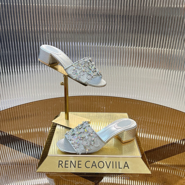 RC 25 Butterfly Flower Rhinestone Satin Sandals Silver Sheepskin 242919