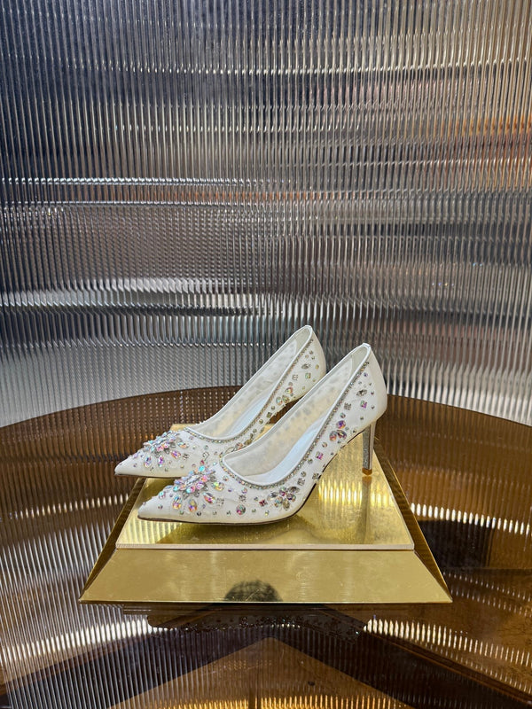 RC 25C Crystal Pearl Gem Lace High Heels White Sheepskin 275753