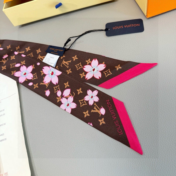 LV Twilly Scarf 120cm Brown Colorful Silk 965655