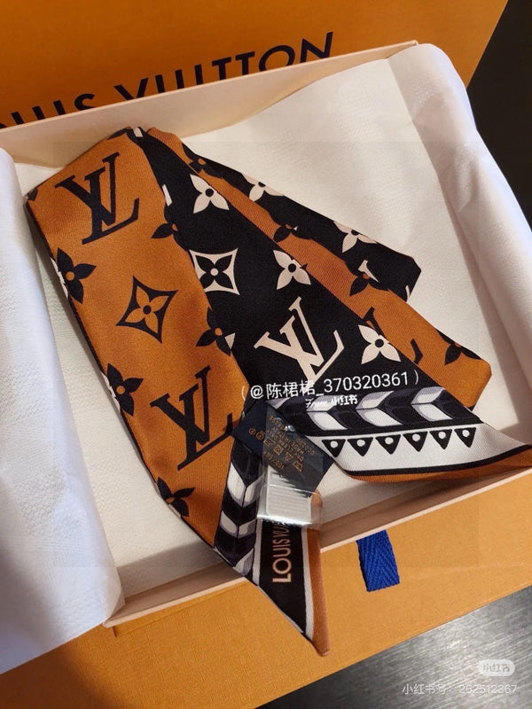 LV Twilly Mini Scarf 120 Black Brown Silk Twill 967458