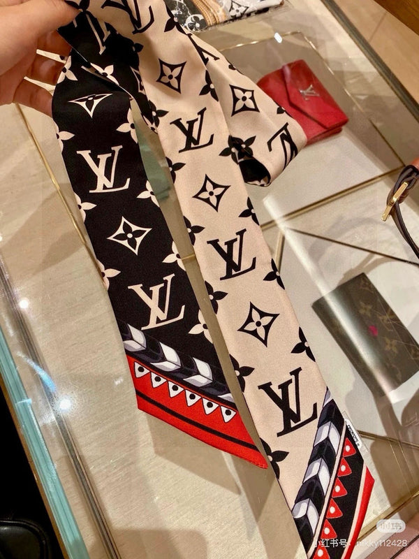 LV Twilly Mini Scarf 120 Black Beige Silk Twill 967459