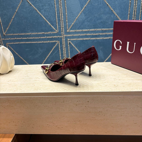 GG 26s Signoria Horsebit Pumps 7cm Burgundy Croc-Effect Leather 106955