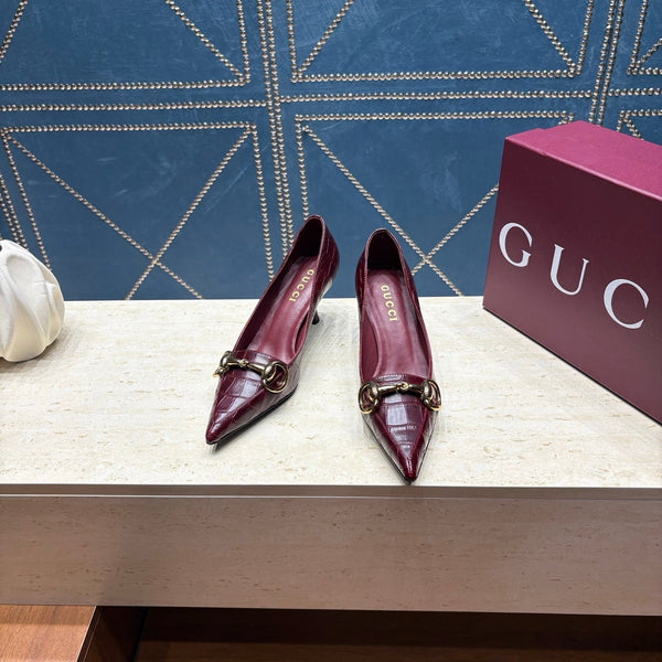 GG 26s Signoria Horsebit Pumps 7cm Burgundy Croc-Effect Leather 106955