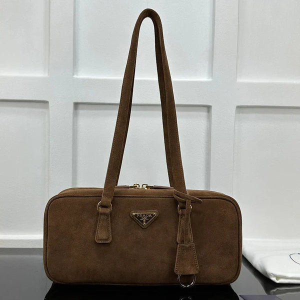 Prad 2026 Hobo Bowling Shoulder Bag 27cm Brown Suede Calfskin