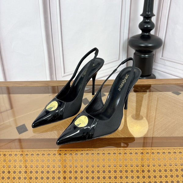 YSL Louis Slingback 10cm Black Satin Patent Leather 932063