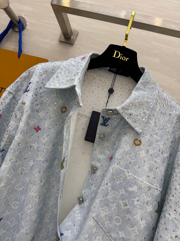 LV 25 Star-Studded Rhinestone Light Blue Denim