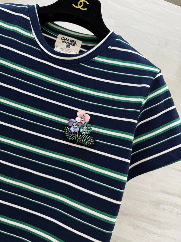 CC Beaded Flowers Shirt Dark Blue Cotton