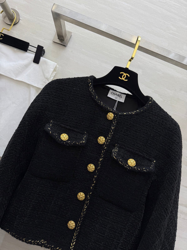 Chanel 2025 Jacket Black Tweed Fabric Gold Buckle 319479
