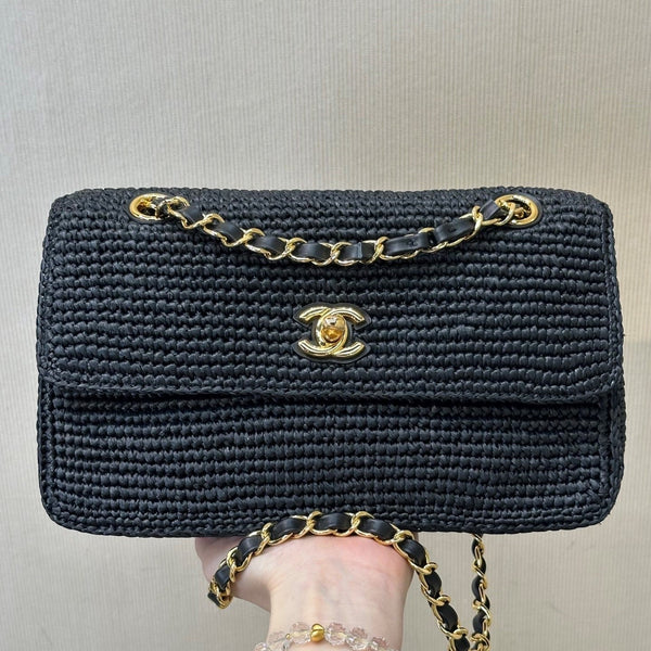 CC 26s Coco Beach 25.5CM Flap Bag Black Raffia 143485