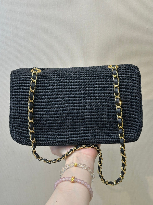 CC 26s Coco Beach 25.5CM Flap Bag Black Raffia 143485