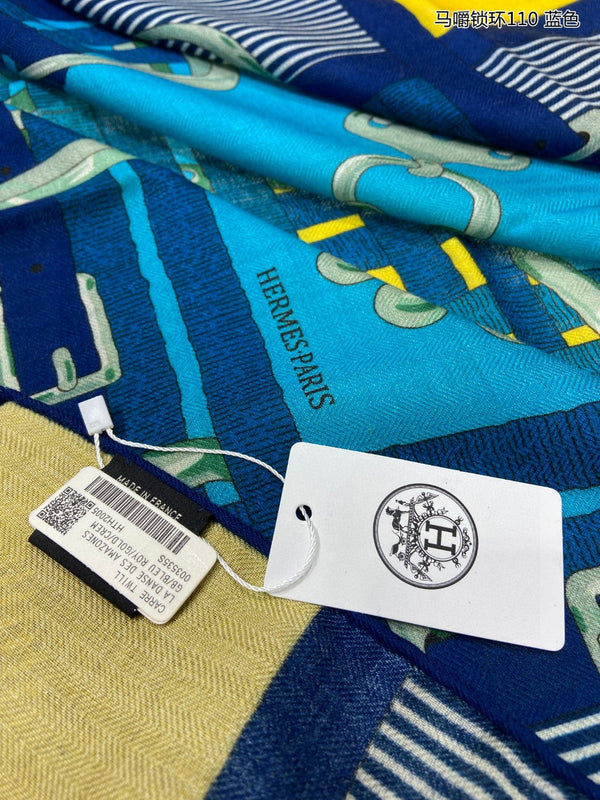 Mors a Jouets Chemise Shawl 110 CM In Blue Colorful Cashmere And Mulberry Silk 253303