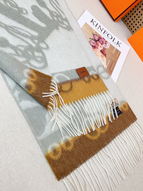 HM Casaque Mors Long Scarf Grey White Brown Cashmere 139454