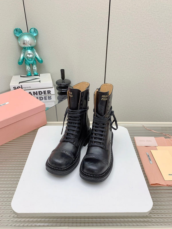 Miu Leather Laced Booties Black Cowhide