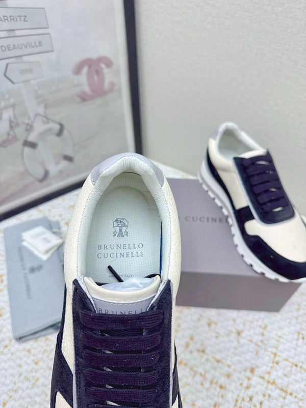 Brunello Panelled Sneakers Ivory Black Grain Leather Suede 625361