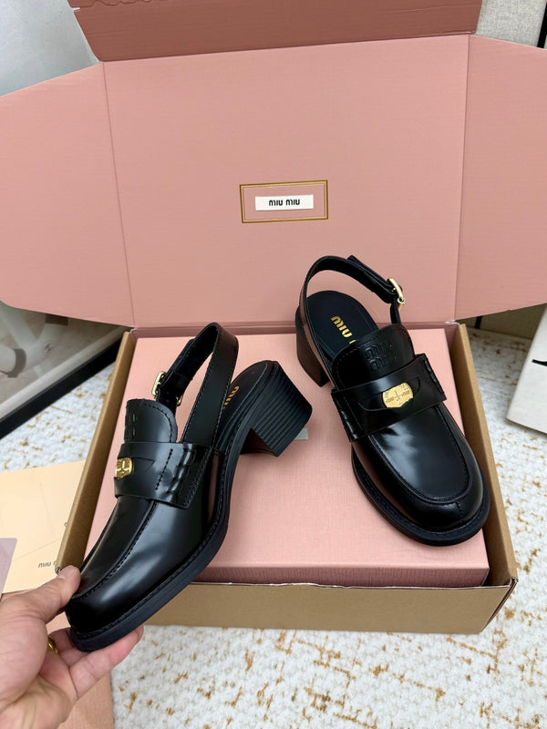 Miu Vintage-Effect Penny Slingback Black Leather 791002