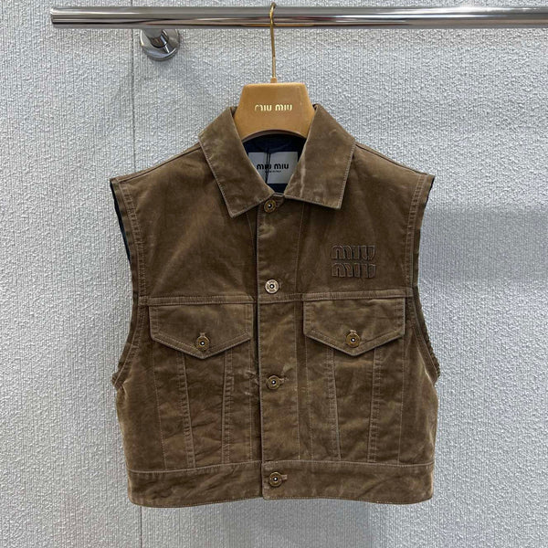 Miumiu 2026 Denim Short Vest Jacket Brown Cotton