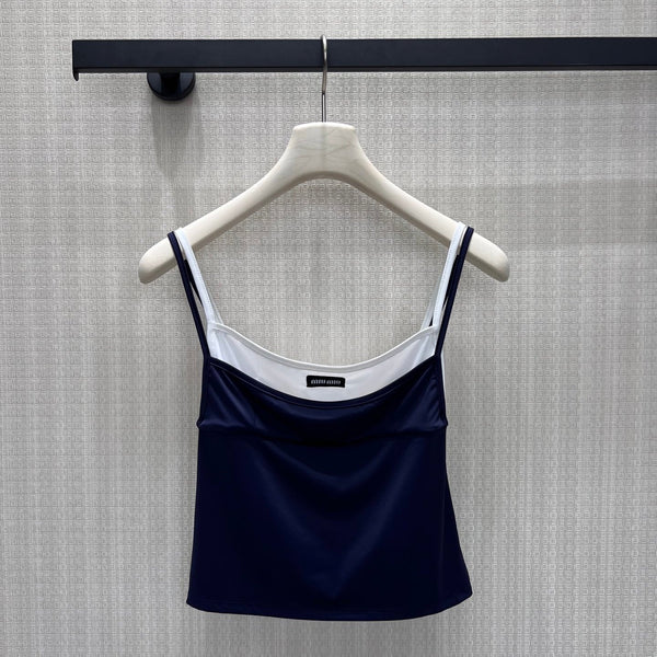 Miu Stretch Jersey Top Navy Blue Nylon 394259
