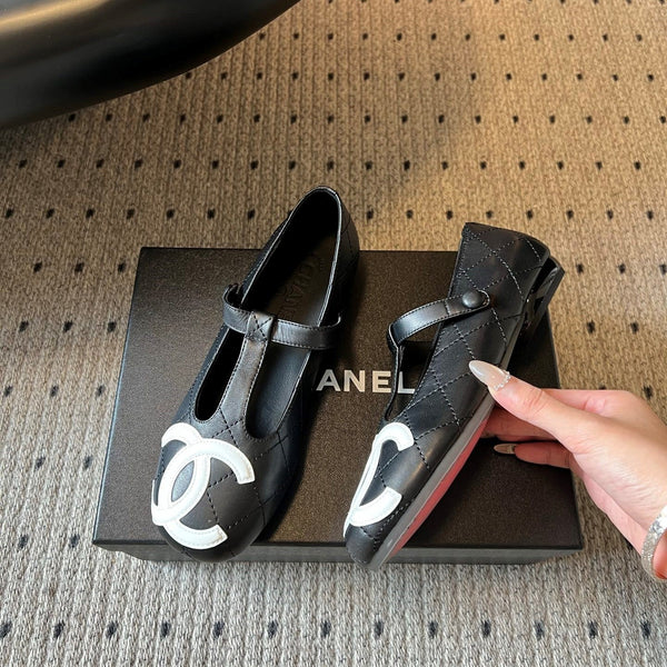 CC 26s Ligne Cambon Mary Jane Flats Black White Lambskin 984333