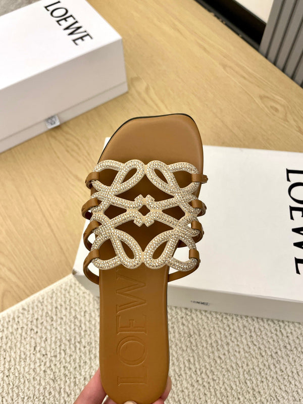 Loewe Petal Anagram Rhinestone Slides Brown Leather 723132