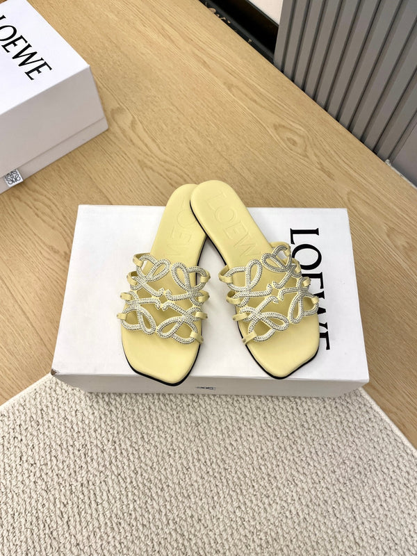 Loewe Petal Anagram Rhinestone Slides Light Yellow Leather 723135