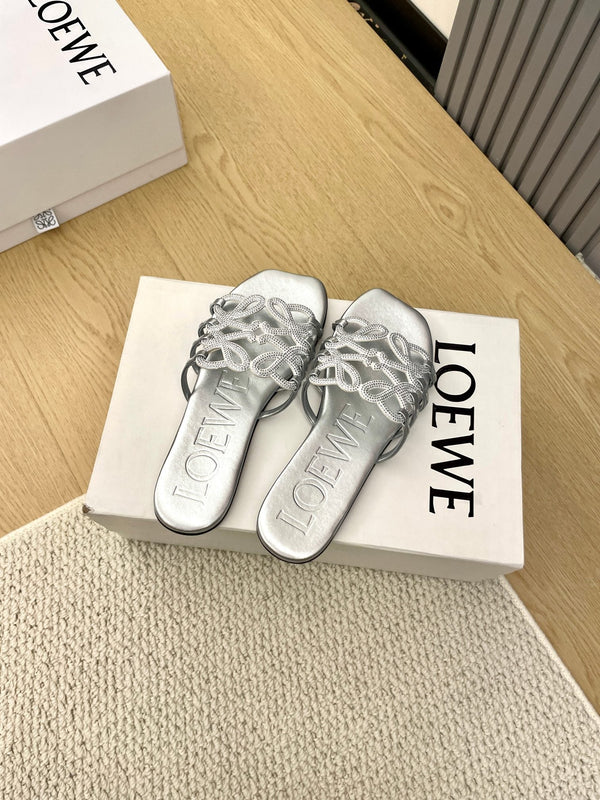 Loewe Petal Anagram Rhinestone Slides Sliver Leather 723138