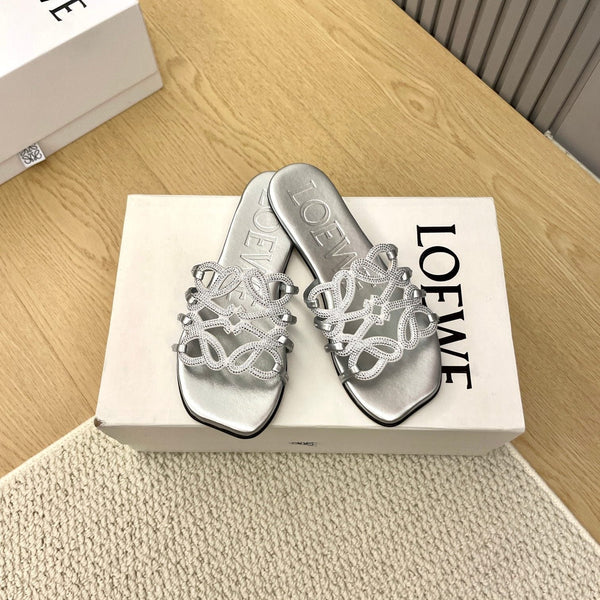 Loewe Petal Anagram Rhinestone Slides Sliver Leather 723138