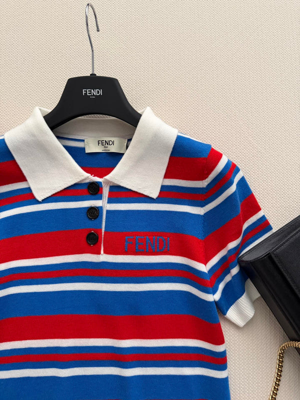 Fendi 26s Striped Polo Shirt Blue Red Knit 363767
