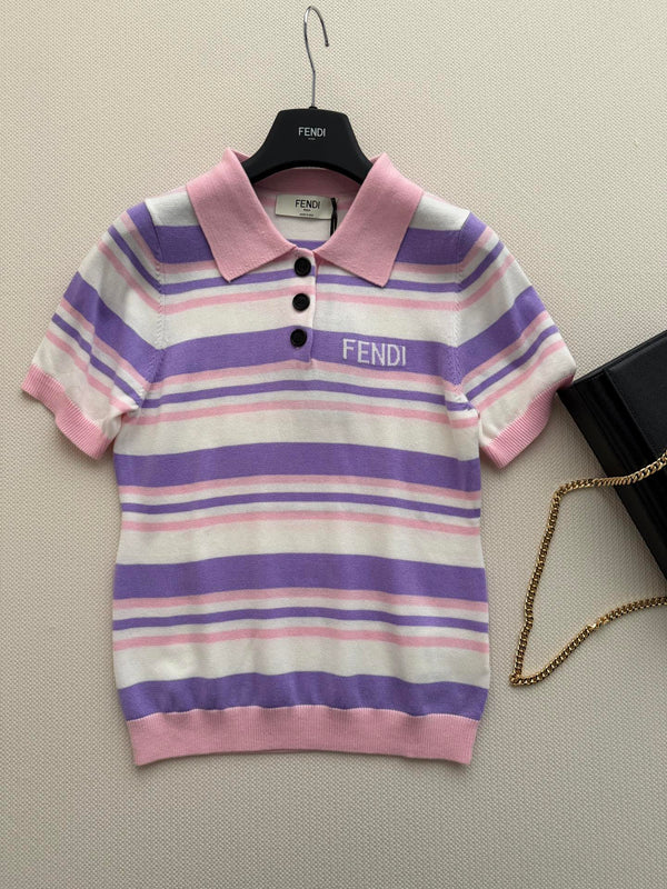Fendi 26s Striped Polo Shirt Pink Purple Knit 363765