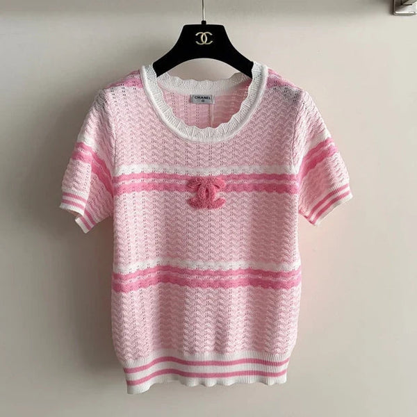CC 2026 Striped Short-sleeved Shirt Pink White Wool