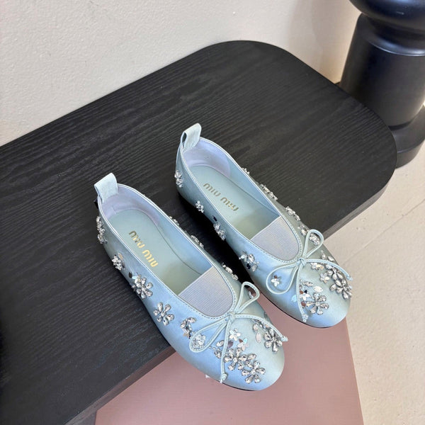 Miu Ballet Flat With Floral Crystal Light Sky Blue Silk