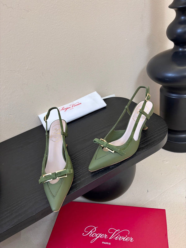 Virgule Slingback Pumps 7.5cm Olive Green Cowhide 606401