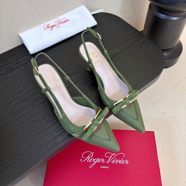 Virgule Slingback Pumps 7.5cm Olive Green Cowhide 606401